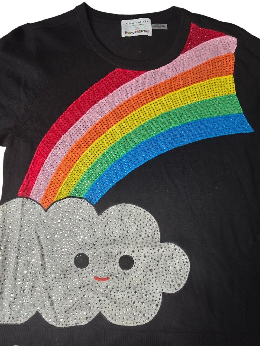 Alice + Olivia X Friendswithyou Black Sweater Rainbow & Cloud Crystal Embellishm